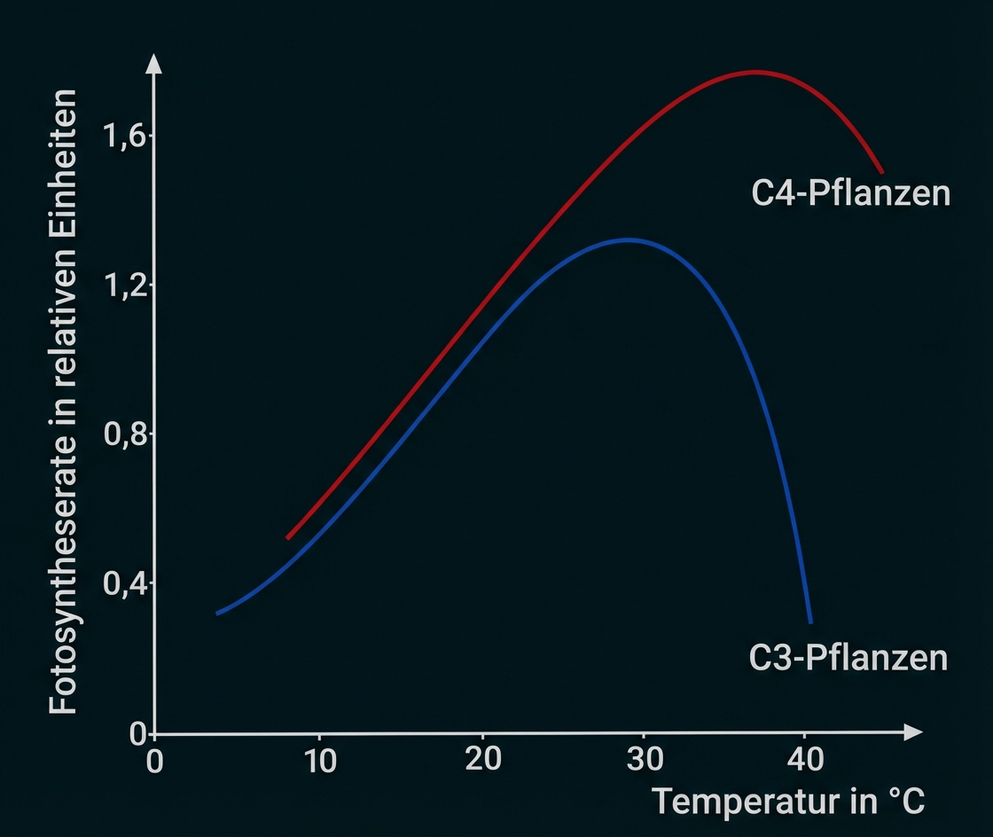 Diagramm: Fotosyntheserate von C3-Pflanzen (blau) und C4-Pflanzen (rot) über Temperatur; C4 erreicht höheren Peak bei höheren Temperaturen.